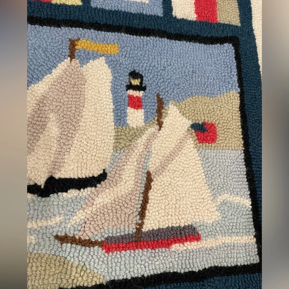 Rare Claire Murray Nautical Hooked Rug Blue/Red Sail Boats/Ocean- 25X36 Vibrant - Picture 7 of 9